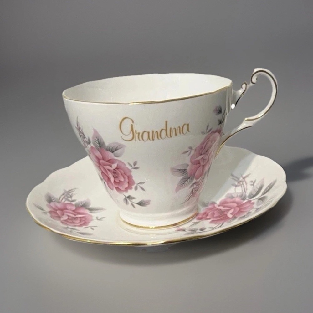 Vtg Tea Cup & Saucer Grandma Roses Pink Springfield Fine Bone China Ornate Gift